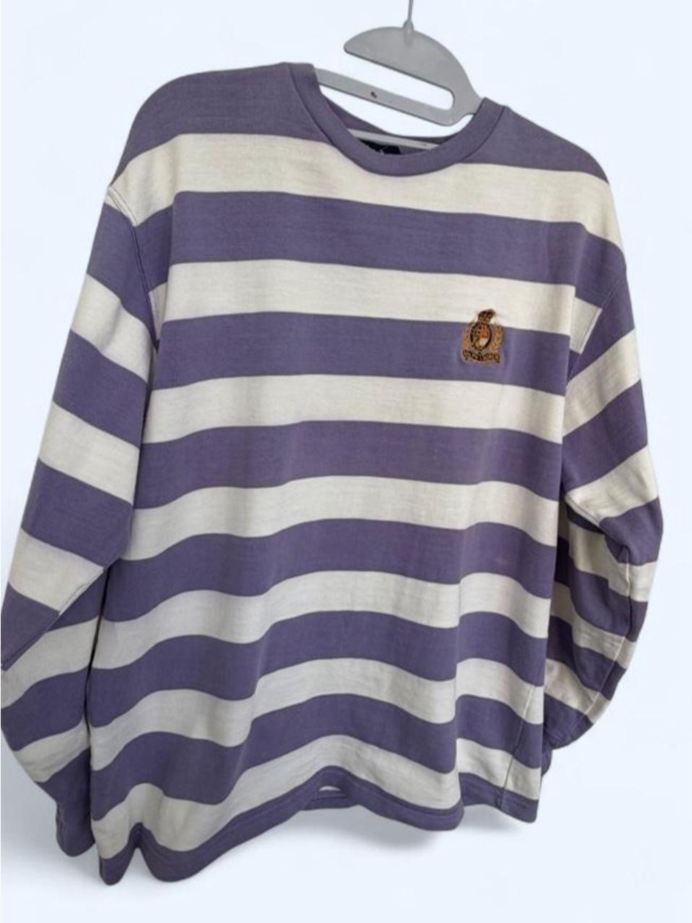 Vintage Ralph Lauren Lavender and White Striped Rugby Pullover with Crest - Picture 3 of 4
